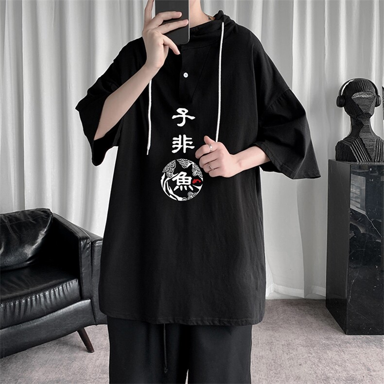 LD54070-P45连帽短袖t恤男大码胖子带帽五分袖中袖,男装T恤,电商A040