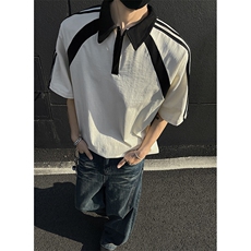 得物抖音高品二开240克纯棉美式高街痞帅翻领POLO织带短袖T恤，男装T恤，电商A486-1