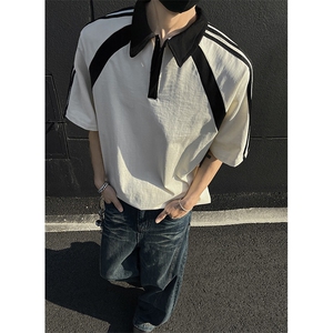 得物抖音高品二开240克纯棉美式高街痞帅翻领POLO织带短袖T恤图片