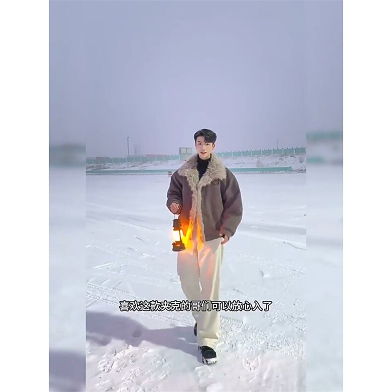 现货重磅硬挺boxy羽绒棉衣座山雕大毛毛领洗水麂皮棉服冬外套,男装棉衣,电商A486