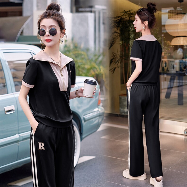夏季女士运动服两件套短袖休闲时尚潮流拼接大码妈妈装显瘦套装,女装套装/套裙,依路服饰