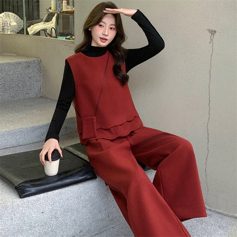2026年春季法式时尚潮流舒适洋气带高级感磨毛呢马甲三件套裤,女装套装/套裙,心心服饰