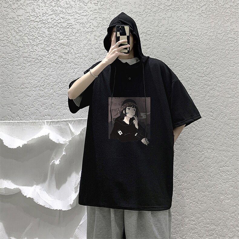 LD54122-P45连帽短袖t恤男大码胖子带帽五分袖中袖大皂风,男装T恤,电商A040