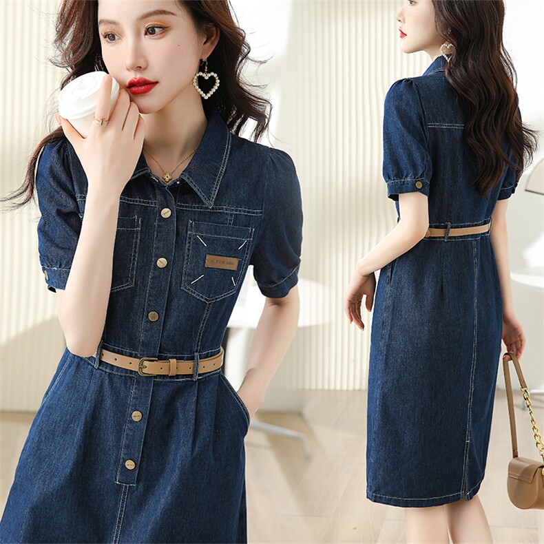 现货2023时尚简约大方气质优雅收腰显瘦修身百搭潮流牛仔连衣裙，女装连衣裙，艾贝斯