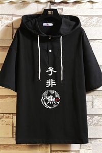 LD54070-P45 连帽短袖t恤男大码胖子带帽五分袖中袖 砖墙挂拍图片
