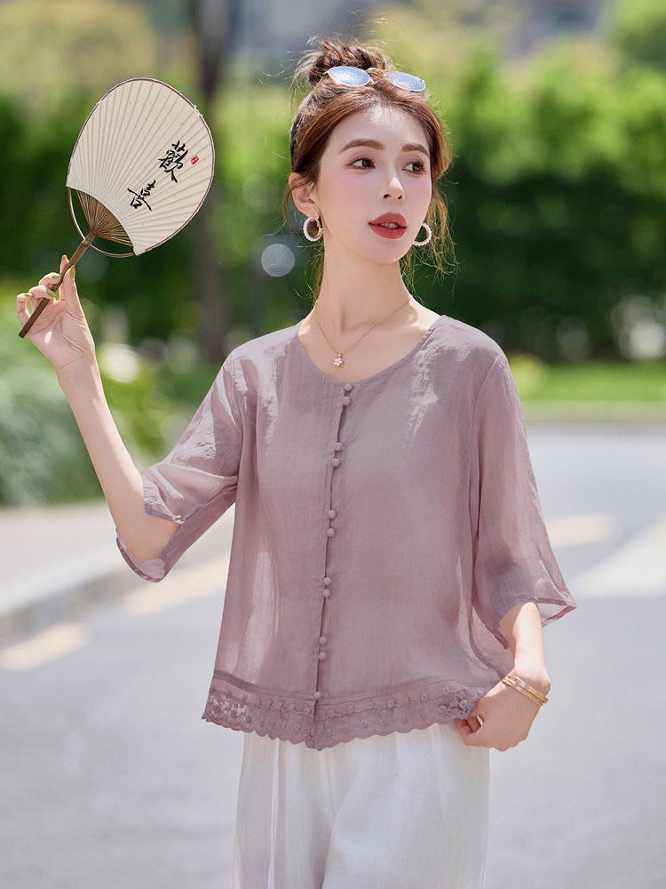 妈妈夏季中袖衬衫女2025新款时尚洋气减龄设计感小众宽松百搭上衣,女装衬衫,余墨