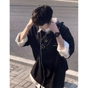地棉polo衫男短袖夏季日系半拉链翻领t恤潮流宽松休闲半袖PE64