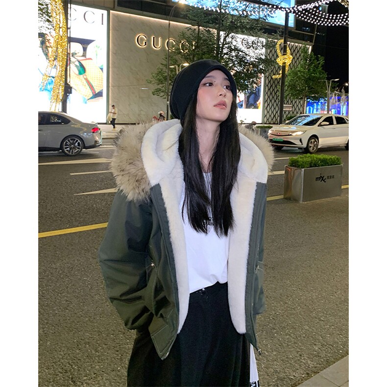现货重磅boxy短款棉衣座山雕大毛毛领男女棉服水洗工装厚外套图片