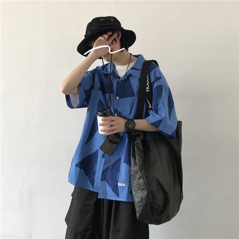 夏威夷风日系蓝色短袖衬衫男港风休闲印花拼色五分袖衬衣CG01,男装T恤,星座1116A（原606A-3）
