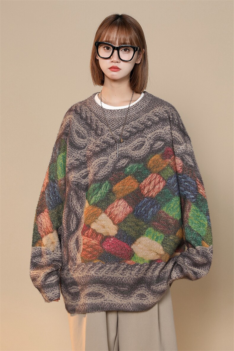 M6130/P75秋冬中性风工艺立体印花针织衫外套毛衣男女大松线衣男,针织衫/毛衣,电商A141