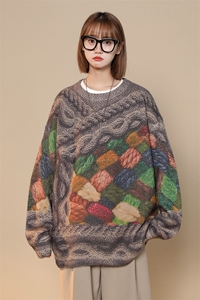 M6130/P75秋冬中性风工艺立体印花针织衫外套毛衣男女大松线衣男图片