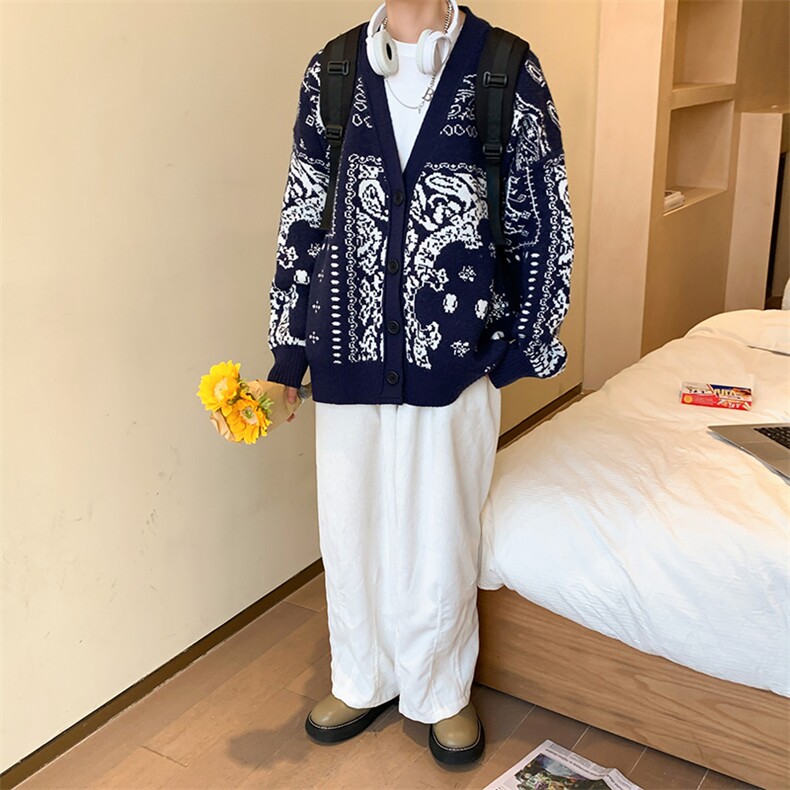 M3123-P85秋冬加厚腰果花毛衣男女情侣宽松针织开衫上衣外套,男装针织衫/毛衣,电商A009A（原A058A）