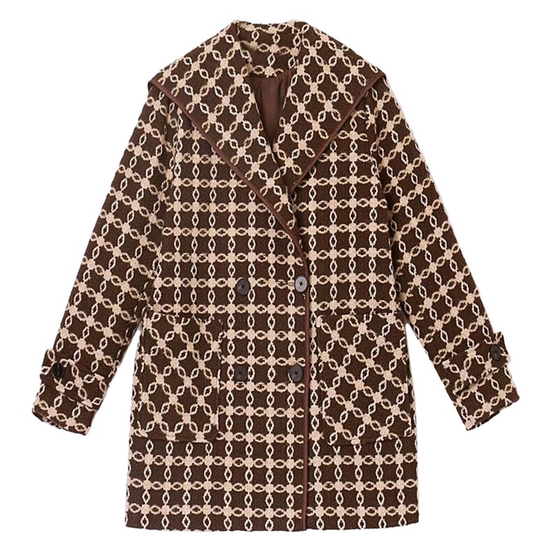 2022冬季新款时尚气质翻领修身显瘦双排扣中长款格子大衣外套,女装毛呢外套,三木叶子