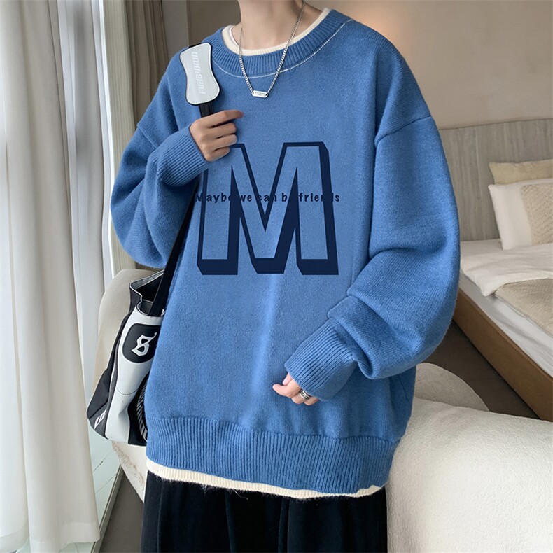 控78 假两件毛衣男大码加绒针织衫男毛线衣M80260-P55  加绒P70图片
