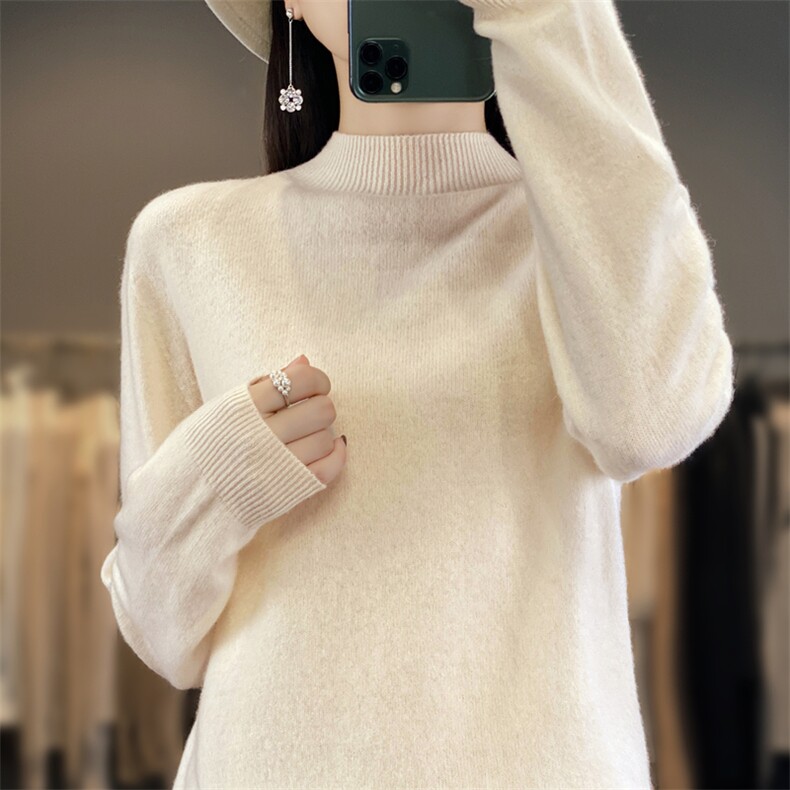时尚百搭纯色半高领长袖毛衣女秋季新款修身显瘦针织衫,针织衫/毛衣,斯美雅安迪绒