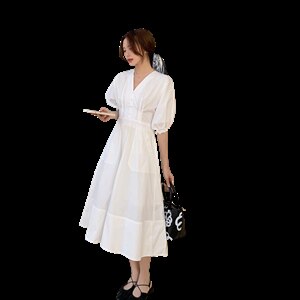 2021夏季新款女装中长款连衣裙简约时尚A字裙V领短袖图片