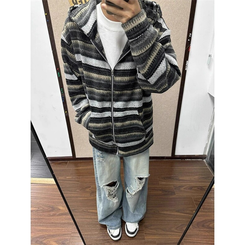 条纹开衫卫衣男款秋季美式覆古重磅高克雪尼尔连帽外套JKY304,女装短外套,星座516A