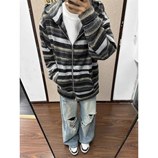 条纹开衫卫衣男款秋季美式覆古重磅高克雪尼尔连帽外套JKY304，女装短外套，星座516A