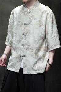 2025夏季新款风男装盘扣新中式唐装书法印花衬衫 C112-P50图片