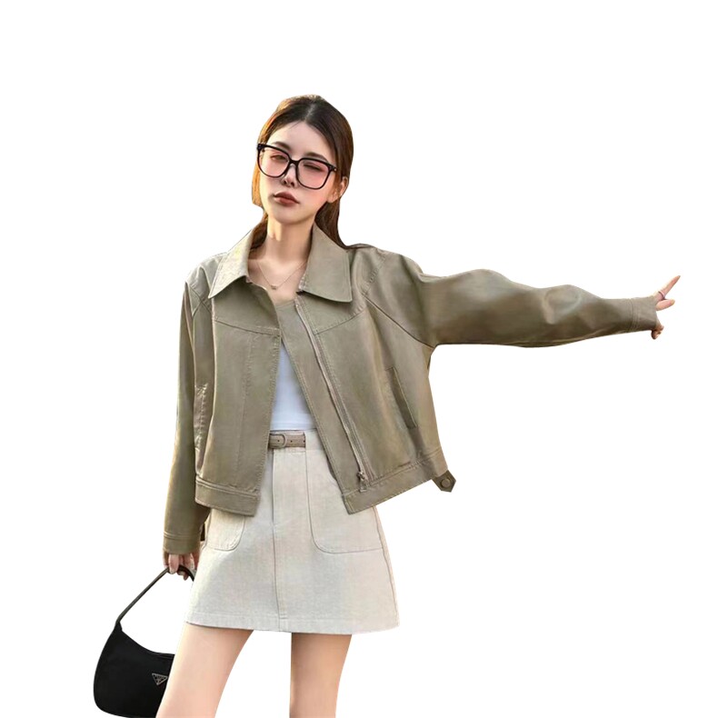 港式复古翻领时尚皮衣女短款2025春新款立领机车服韩系小个子上衣,女装皮衣,2C229