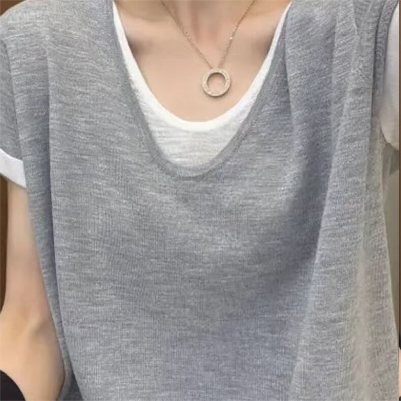 女士简约精纺羊毛假两件拼色短袖,女装T恤,唯若美羊绒