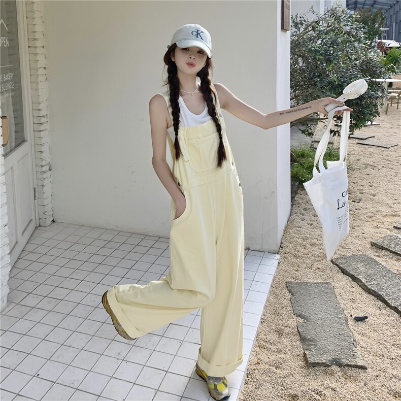 黄色可盐可甜减龄工装背带裤长款女夏季新款温柔甜美学院风连体裤,女装休闲裤,2C120