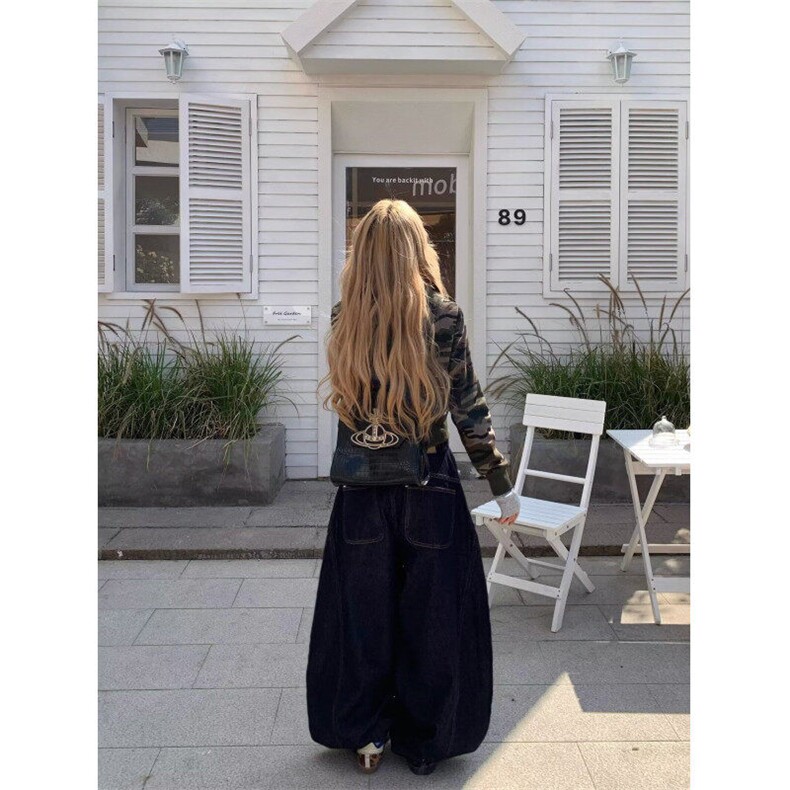 大码美式复古弯刀牛仔裤男女设计感春季新款宽松百搭阔腿垂感裤,女装牛仔裤,星座506A