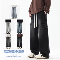 【现货】秋季新款美式复古工装大口袋牛仔宽松直筒阔腿裤813-P50，男装工装外套，星座1006