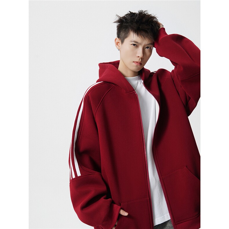 8XL-M秋冬美式运动三条杠条纹开衫卫衣连帽特大码宽松JK5206/P65,男装卫衣,电商B238