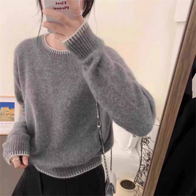 秋冬新款纯色针织圆领套头上衣时尚百搭,女装羊绒衫,鹿一羊绒