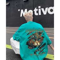 美式水洗纯棉短袖T恤男款夏季潮牌猫咪印花蜡染宽松情侣半袖体恤，男装T恤，星座517A-2