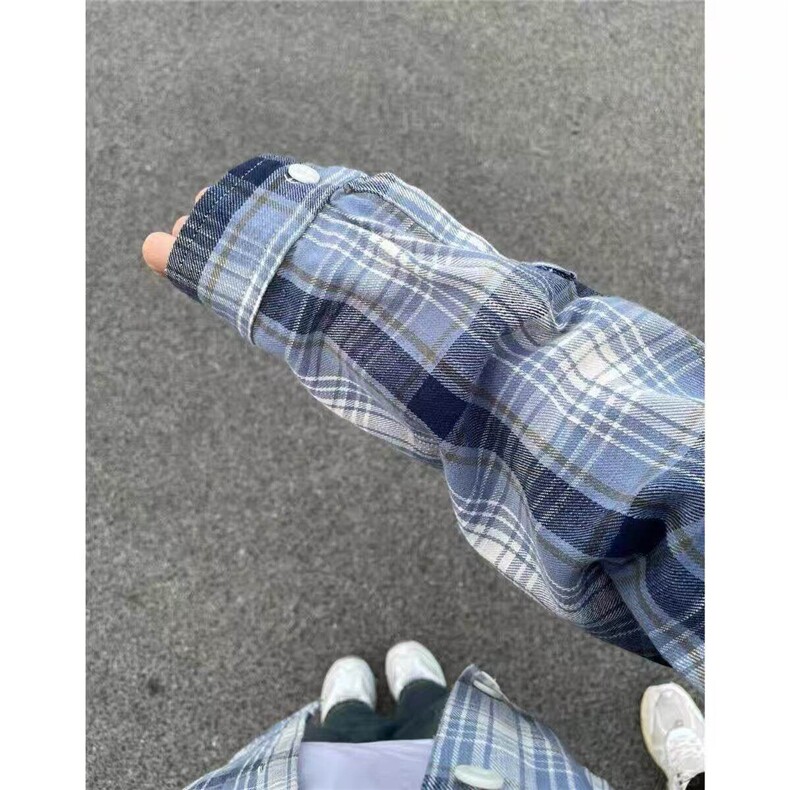 美式复古蓝色格子衬衫男款cleanfit慵懒风长袖衬衣情侣格纹外套,男装防晒衣,星座313A(原308A-2)