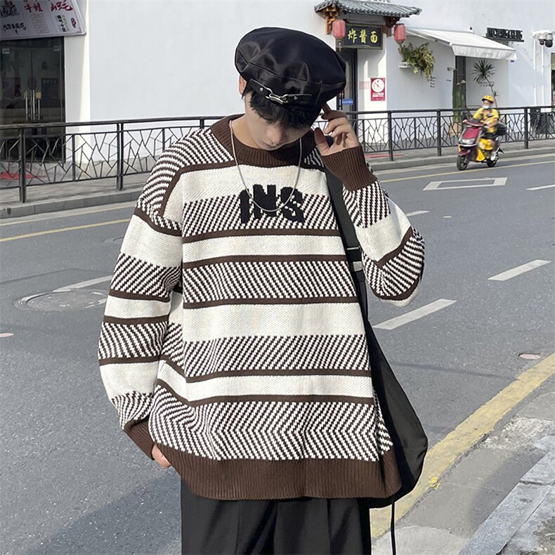 条纹字母毛衣男韩版潮流痞帅2023冬季新款ins宽松针织衫W3402-P50,男装针织衫/毛衣,星座412-3