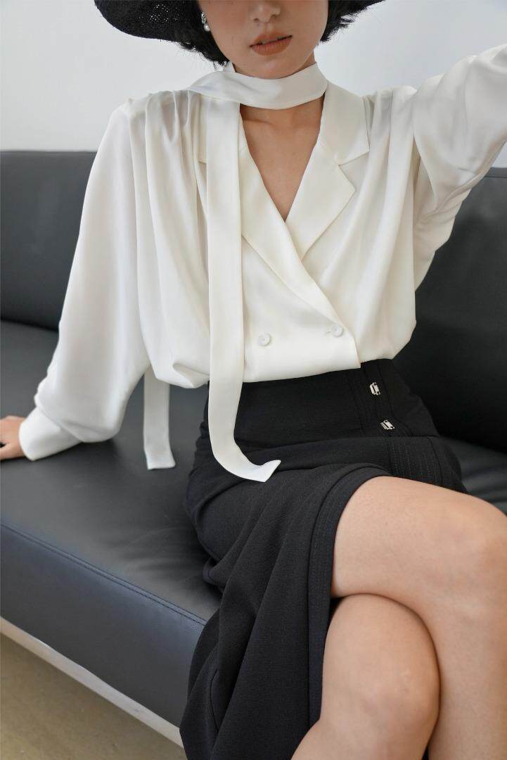 醋酸纤维慵懒裁剪韵味衬衫+H型显瘦开叉半裙，女装衬衫，GN