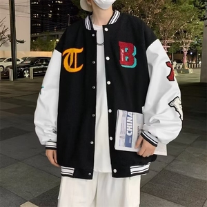 棒球领宽松休闲毛巾绣毛呢拼皮 黑蓝绿咖啡M-3XL J502图片