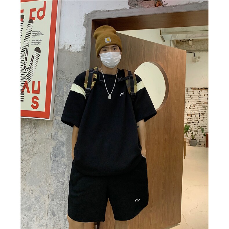 情侣装夏装新款华夫格撞色拼接套装男女宽松半袖T恤潮D295P68,男装T恤,电商A335-1（原A458）
