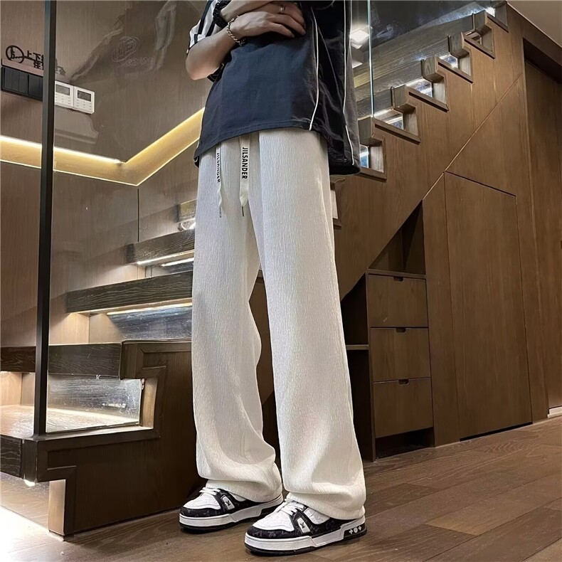 褶皱冰丝裤子男潮牌夏季薄款透气垂感直筒阔腿裤美式复古休闲长裤,男装休闲裤,星座218-1（原230）
