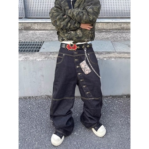 美式高街猫抓痕黑色牛仔裤男宽松复古直筒裤潮牌痞帅休闲阔腿长裤图片