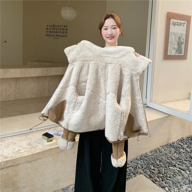 卡其色翻领皮毛一体羊羔毛外套女2025冬季新款爆款韩系小个子棉服,女装短外套,2C098