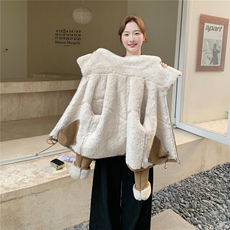 卡其色翻领皮毛一体羊羔毛外套女2025冬季新款爆款韩系小个子棉服，女装短外套，2C098