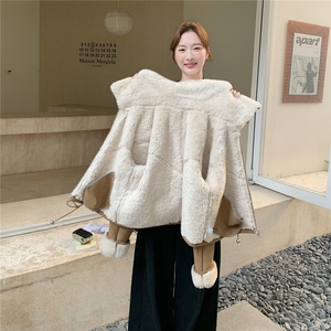卡其色翻领皮毛一体羊羔毛外套女2025冬季新款爆款韩系小个子棉服图片