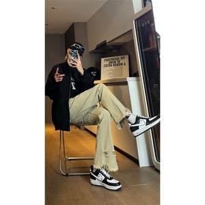 现货 黄泥美式vibe裤高街黑色破洞微喇直筒毛边牛仔裤男 K890-P55图片
