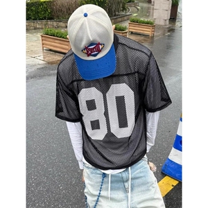 现货马思唯同款印花橄榄球服镂空网眼宽松男女短袖T恤T197/特P32图片