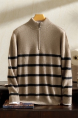 男士羊绒衫半高领拉链衫秋冬季条纹针织衫毛衣男式青春流行男装，男装羊绒套衫，澳坤羊绒