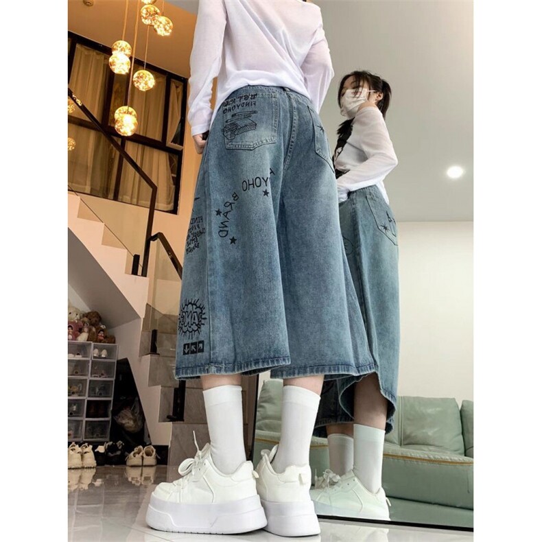 AK2294-P48街头潮流辣妹复古涂鸦牛仔裤2026夏季高腰七分裤,女装休闲裤,星座617A-2