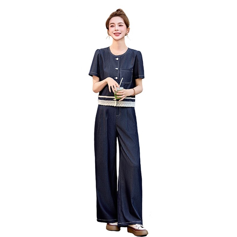 2025年夏季时尚潮流短袖圆领两件套,女装套装/套裙,秀美人生