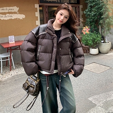 现货韩系短款拼皮羽绒服小个子白鸭绒外套女冬装139P240K358，女装羽绒服，2C232