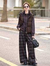 格子拼接棉马甲+立领加绒卫衣外套+加绒格纹阔腿裤休闲三件套，女装套装/套裙，采品优优