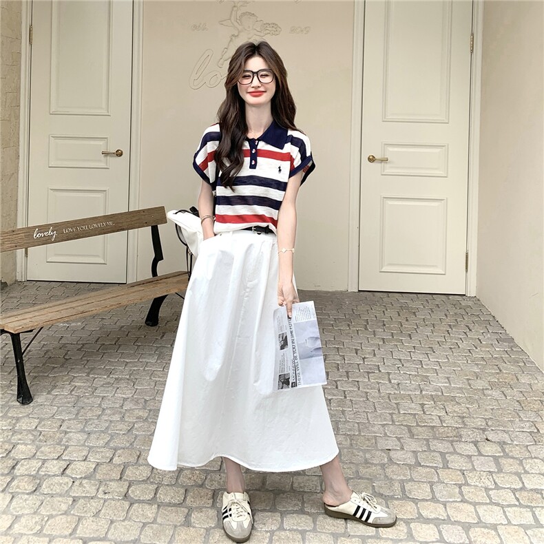 夏季新款减龄休闲短袖套装气质显瘦拼接中长款裙子两件套女装,女装套装/套裙,维壹