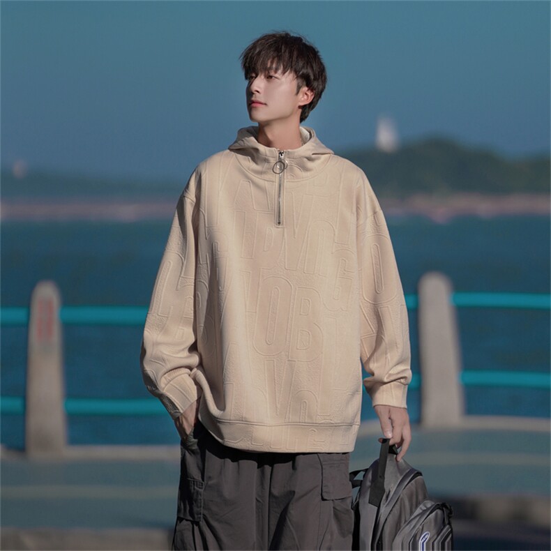 W8032-P60 控价78  春装新款半拉链连帽卫衣男日系大码宽松男卫衣图片